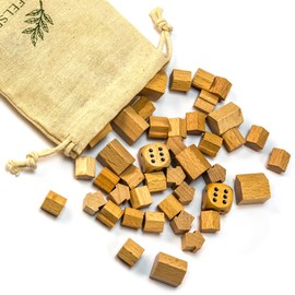 Waldfelsen® Wooden Toy Figures: 32 Blank Houses, 12 Blank Hotels and Two Eye Cubes with Cloth Bag | Blank Game Material