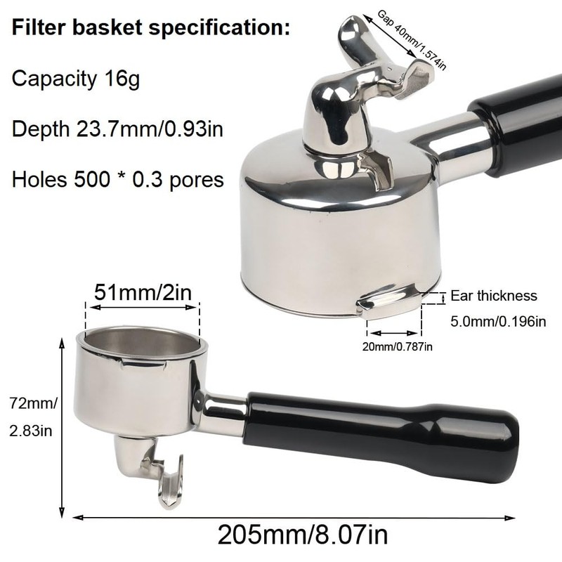 51mm Portafilter 2 Ears with Double Spout Compatible with Delonghi