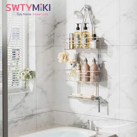 SWTYMIKI Bathroom Shower Caddy Hanging - 3 Tier Shower Organizer Over Shower Head with Soap Holder & 16 Hooks Rustproof Hanging Shower Rack Over Showerhead to Organize Bathroom Essentials, Sand Nickel