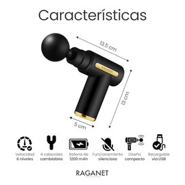 Raganet, Pistola Masajeadora con 4 Cabezas, Maquina Masajeadora de 6 Velocidades, Masaje Profesional Para Musculos, Ligamentos y Tejidos, Pistola...  