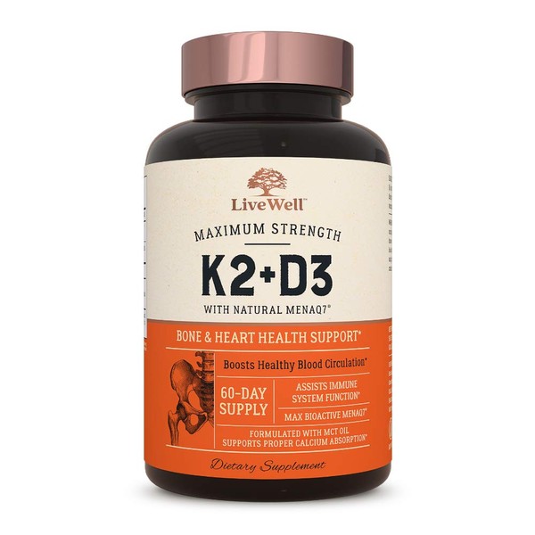 Vitamin K2 MK7 with D3 Supplement by LiveWell | Bone & Heart Health Support - Patented Vitamin K & Vitamin D3 5000 IU - 60 Capsules