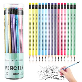 Magrimaxio Pack of 30 HB Pencils, Wooden Pencils Set, Pencil with Eraser, Pencils Children Non-Slip, Triangular Multicoloured, Graphite Pencil for Writing Aid from School Office