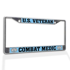Fastasticdeals Metal Insert License Plate Frame U.S. Veteran Combat Medic Weatherproof Car Accessories Chrome 2 Holes Solid Insert