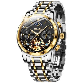 OUPINKE Men's Automatic Luxury Skeleton Mechanism with Moon Phase Tourbillon Day Date Waterproof Luminous Stainless Steel Strap, Black dial/two-tone strap, Bracelet