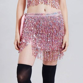 Prosy Women's Sequin Belly Dance Skirt Hip Belt Tassel Female Scarf Wrap Rave Music Festival Costume (Pink)