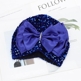 Urieo Gorro de lentejuelas turbante con lazo para la cabeza, para mujer, color azul, Azul
