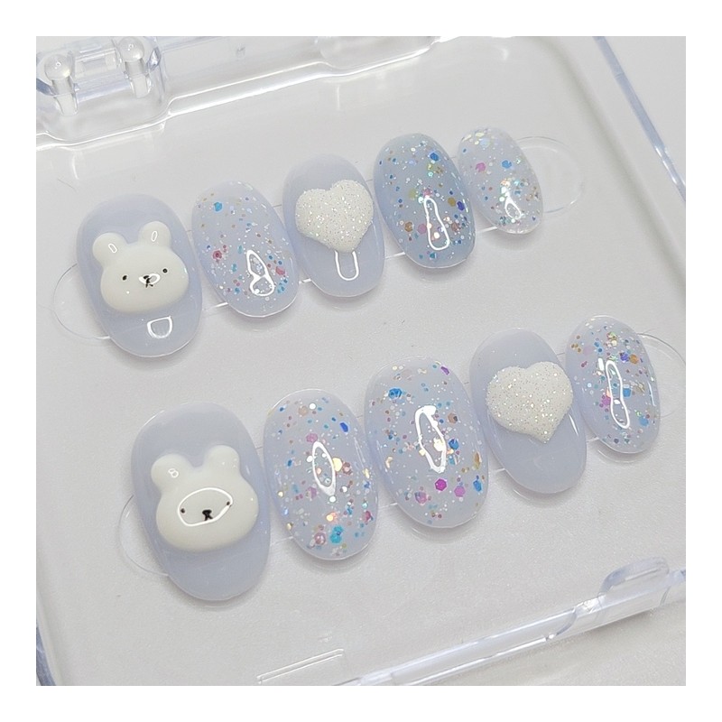 Heart Bear Handmade Nail Tips - Short Oval / 하트