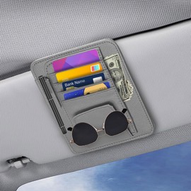 Small Leather Car Sun Visor Organizer - Multifunctional Car Interior Sunglass Holder Auto Visor Document Holder - Auto Card Sleeve Pocket Pouch Organizer for Driving License Registration Pen (Grey)