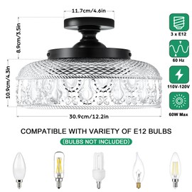 Lamomo Semi Flush Mount Ceiling Light, Upgraded Larger Black Hallway Light Fixture, 3-Bulb Globe Glass Close to Ceiling Light, Indoor Hanging Light for Bedroom Kitchen Porch Hallway,Bulbs Not Included