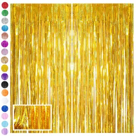 Gold Foil Fringe Tinsel Backdrop Glitter,2pcs 3.2ft x 6.5ft Gold Foil Curtain Decoration,Laser Foil Fringe Metallic Tinsel Door Hanging Foil Flow Silk Streamers for Birthday Wedding Holiday Party