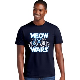 Small Navy Blue Mens Meow Wars Funny Cat Light Saber Battle Deluxe Soft T-Shirt