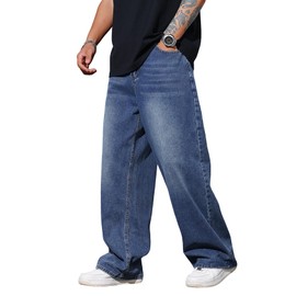Men's Baggy Jeans Y2K Vintage Wide Leg Denim Pants Hip Hop Skater Jeans Loose Fit Trousers 2000s Streetwear Blue XS