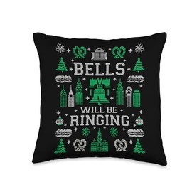 VINTAGE RETRO PHILADELPHIA PHILLY THROWBACK GIFTS Bells Will BE Ringing Philly Fan Philadelphia Ugly Christmas Throw Pillow, 16x16, Multicolor