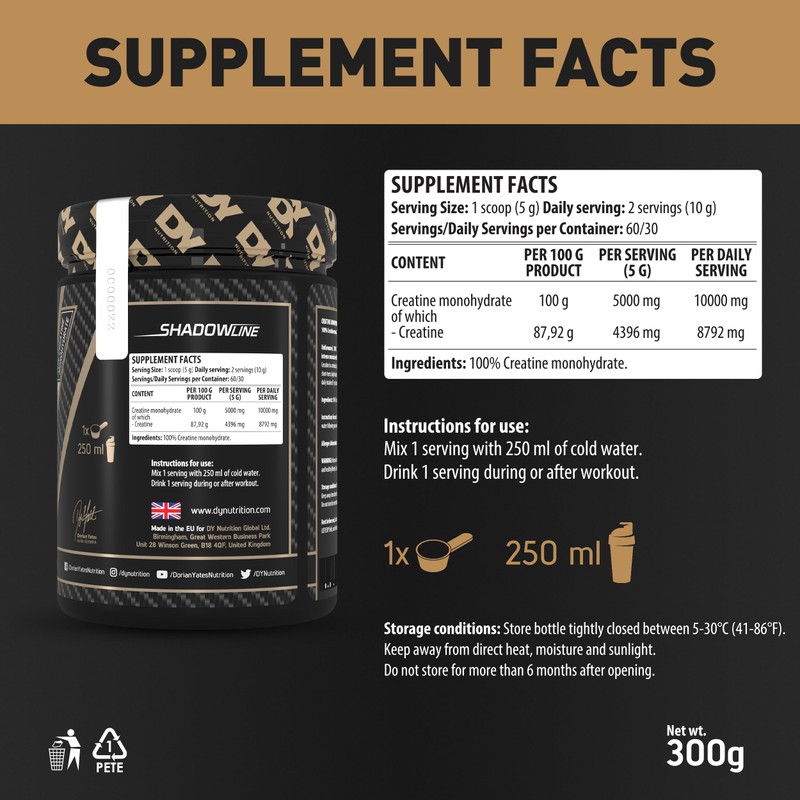 DY Nutrition Pure Creatine Monohydrate Powder 300 g, Unflavoured x60