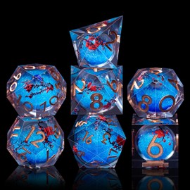 AUSTOR Liquid Core DND Dice Set, 7-Die Sharp Edge Polyhedral Dice Quicksand Handmade Resin Dices for Dungeons and Dragons RPG MTG Table Games, Plum Blossom - Black & Blue, Gold