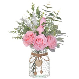 Faux Flowers with Vase,Artificial Silk Roses in Vase, Fake Plant Eucalyptus Flower Arrangement for Home Office Farmhouse Bathroom Dining Table Centerpiece Decorations Coffee Table Decor (Pink)