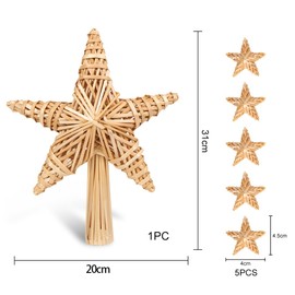 Christmas Tree Topper Star Made of Straw, Christmas Tree Topper Star, Christmas Handmade Straw Star Lace Large with 5 Mini Straw Star for Christmas Tree Decorations