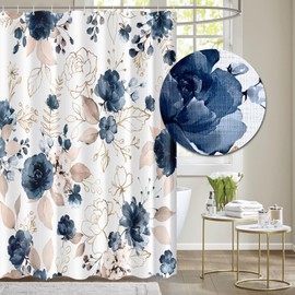Tititex Navy Blue Floral 140gsm Faux Linen Fabric Shower Curtain, Watercolor Flowers Leaves Bathroom Decoration Shower Curtain Sets 71x84 Inch with Hooks