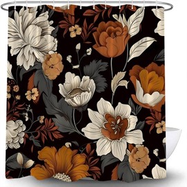 Black Boho Floral Shower Curtain Colorful Vintage Abstract Mid Century Modern Aesthetic Mandala Flowers Watercolor Botanical Blossom Fabric Bath Curtain Set with Hook