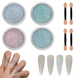 Allstarry Chrome Nail Powder Holographic Aurora Metallic Mirror Laser Effect Pigment, Iridescent ICY Aurora Glitter Dust Kit for Gel Polish Nail Art Decoration, Resin Craft - Emerald Rainbow