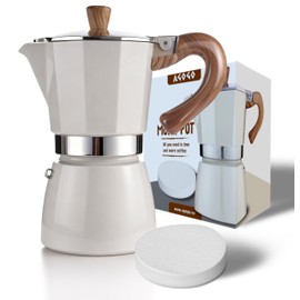 AGOGO Milano Moka Pot Stovetop Espresso Maker with 100 Paper Filters for Sediment-Free Coffee, Classic Italian Greca with Wood-Grain Handle,Cleaning Brush & Towel 6 Cup (10oz / 300ml) Cream