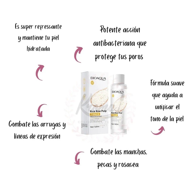 Bioaqua tónico de arroz 120 ml, aclara e hidrata suavemente
