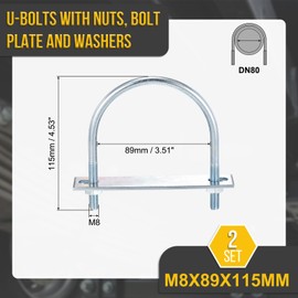 DTGN M8x89x115mm U Bolts Round Kit - 2Set - Carbon Steel U-Bolt Kit with Nuts, Washers, Frame Plate - Good for DN80 Pipe, Trailer, Automotive, Leaf Spring Fastener