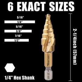 Vearter HSS Spiral Groove Double Flute Step Drill Bits, 3/16" - 1/2" Bits 6 Steps M2 Material Unibit Hex Shank for Drilling Holes in Stainless Steel Aluminium Sheet Metal Wood Plastic PVC