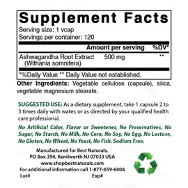 Best Naturals Ashwagandha Capsules for Relaxing Stress and Mood, 500 mg, 120 Count