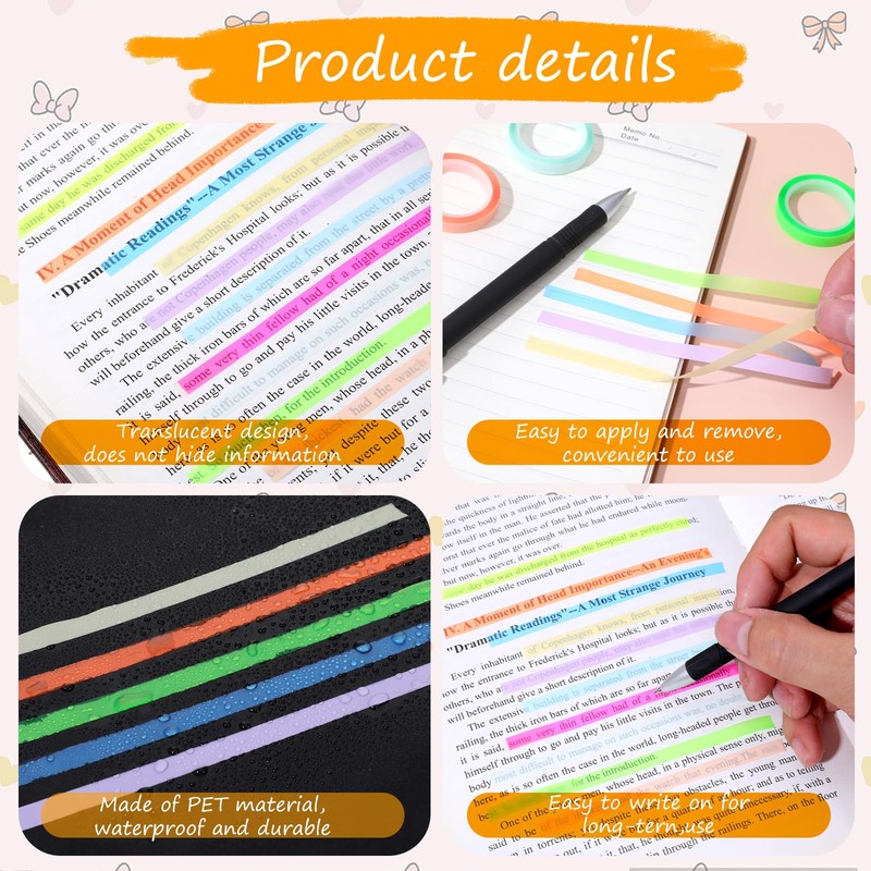 simarro 10 Rolls Highlight Strips, Coloured Fluorescent Sticky Notes, Sticky