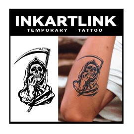 INKARTLINK Tattoo Tech, 2 Sheets Medium Semi Permanent Tattoo, Adult Art Design Temporary Tattoos, Lasts 1-2 Weeks, Waterproof, Realistic Look, No Adhesive, No Reflection (Grim Reaper Design)