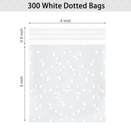 300PCS Cookie Bags Self Adhesive Clear Plastic Cellophane Treat Bags for Candy Pastry Packaging Christmas Party Favor Gift Giving (White Polka Dots, 4 x 4 inches)
