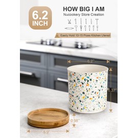 Nucookery 360°Rotating Utensil Holder, 7.2" Kitchen Utensil Crock, Ceramic Cooking Utensil Organizer with Countertop-Protection Cork Bottom for Farmhouse Kitchen Decor Christmas (Marble Pattern)