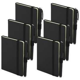 SIMDAO 6 x Notebook A6, 9 x 14 cm Small Notebooks with Pens, Elastic Closure, Hard Cover with Soft Touch PU Cover, Mini Notebook Pocket Notebook (Black)