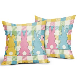 Spring Easter Decorative Pillow Covers 20x20 Inch Set of 2 Easter Colorful Bunny Buffalo Plaid Pillow Cases Outdoor Linen Square Cushion Cover Farmhouse Decor for Bedroom Home Sofa Couch Bed