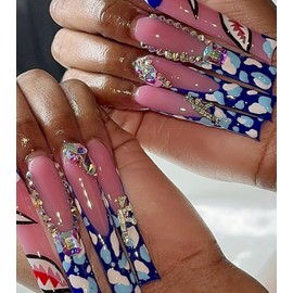 Aegenacess Press on Nails Square - Extra Long Fake Nails with 3D Rhinestones and Bows, Blue French Tips False Nail with Glue Sticker, Stick On Nails for Women, 12 Sizes - 24 Nail Kit, Arctic Gleam