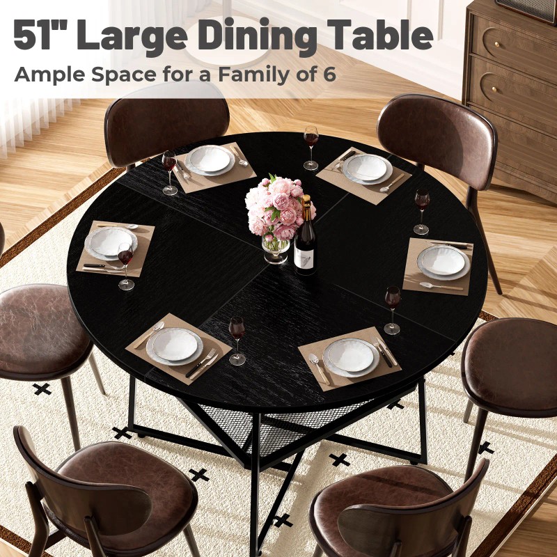Ustovian 51IN Round Dining Table Black Wooden Chair Metal Frame
