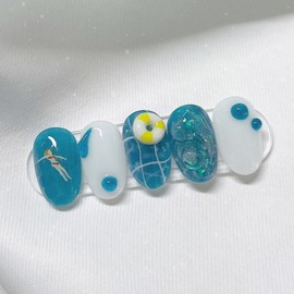 [Handmade Nail Tips] Aqua Wave Nail Tips - Long Oval / [수제네일팁] 아쿠아웨이브 네일팁 - 롱오벌