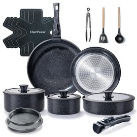 Chef Power Ceramic Nonstick Cookware Set 19 Piece with Detachable Handle, Induction Dishwasher Oven Safe Pans and Pots Set, RV Kicthen Set Removable Handle, Rock Stone Black
