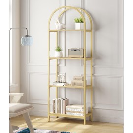Kogven Bookshelf Arched Bookcase, Industrial 4-Tier Open Book Shelves with Metal Frame, 72" Tall Freestanding Storage Display Rack for Home Office, Living Room, Gold & Nature Wood, Easy Assembly