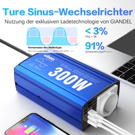 GIANDEL 300W Reiner Sinus Wechselrichter Spannungswandler 12V DC 230V AC Kfz-Adapter mit PD30W Type-C und QC 3.0 Type-A USB und Steckdose Für Tablets Laptops Smartphones