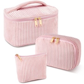 Aucuu Corduroy Cosmetic Bag, 3 Pcs Makeup Bags, Large, Medium and Small Cosmetic Bag, Striped Corduroy Portable Bags with Metal Zipper, Travel Cos-Metic B-ag Organizer for Women, Travel, School, Gift