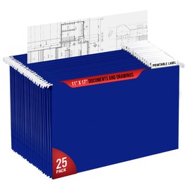Performore 11X17 Hanging File Folders,1/5 Cut Adjustable Clear Plastic Tabs (25 Pack) Includes White Metal Rod Hangers, Plastic Label Tabs & Label Cards