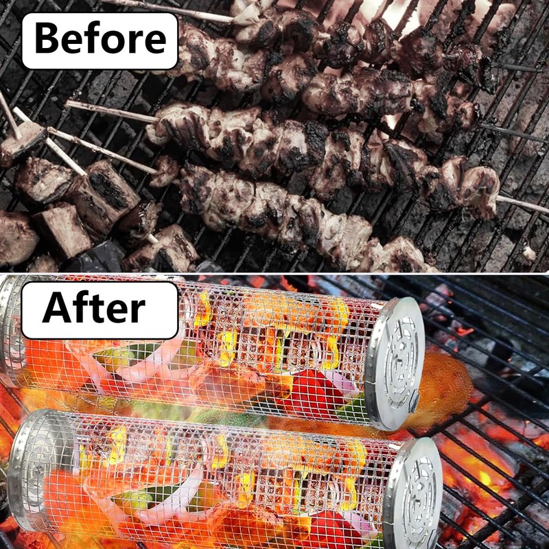 2PCS Rolling Grill Basket, Removable Wooden Handle, 304 Stainless Steel