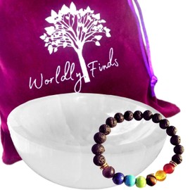 Worldly Finds Selenite Crystal Smudge Bowl & Choice of Healing Stone Bead Bracelet Spiritual Gifts, Natural Pure Selenite Bowl Set, Offering Bowl Ritual Charging Crystals Holder (7-Chakra/Lava Stone)