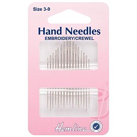 Hemline Hand Sewing Needles - Embroidery/Crewel size 3-9. Pack of 16