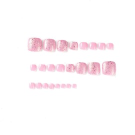 Pink Press on Toenails Short Square Fake Toenails Pink Glitter Full Cover Foot False nails Stick on Toenails Glossy Sparkly Glue on Toenails Reusable Acrylic Nails for Women Girls Manicure 24pcs…