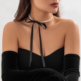 Atentuyi Boho Wedding White Pearl Choker Necklace Pearl Chain Long Black Velvet Necklace Ribbon Bow Tie Necklace Collar Neck Bridal Necklace Jewelry for Women and Girls
