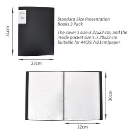 Pack of 3 A4 Presentation Folders, Display Book with 40 Transparent Pockets, A4 Music Folder, Black, 31 x 23 cm, for Individuals, School, Offices, Display Book, Portfolio and Project Folder