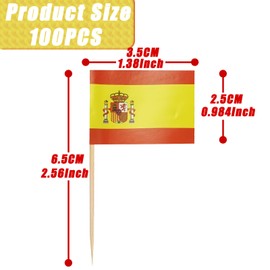 Pack of 100 Spain Toothpick Flags Cocktail Stick Flags, Spanish Decorative Flag, Mini Cupcake Topper, Small Toothpicks, Spain Flags for Cakes, Football, Eurovision, World Cup, Bar, Pub Party